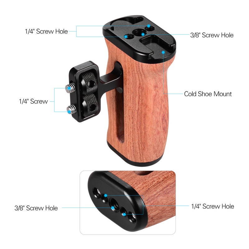 Universal Camera Cage Wooden Handle Side Hand Grip with Cold Shoe Mount 1/4 Inch & 3/8 Inch Screw Holes Photography Accessories, Pack of 1pc - Image 2
