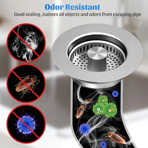 NinjaTiger Kitchen Sink Drain Strainer - 2-Pack Stainless Steel Sink Stopper 3-in-1 Pop-Up Sink Strainer with Anti-Clogging Basket Odor Filter Sink Drain Cover Plug for US Standard 3-1/2 Inch Drain - Image 4