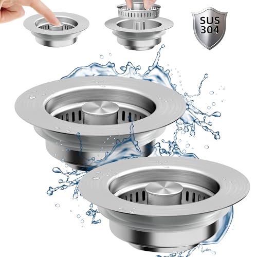 NinjaTiger Kitchen Sink Drain Strainer - 2-Pack Stainless Steel Sink Stopper 3-in-1 Pop-Up Sink Strainer with Anti-Clogging Basket Odor Filter Sink Drain Cover Plug for US Standard 3-1/2 Inch Drain - Image 1