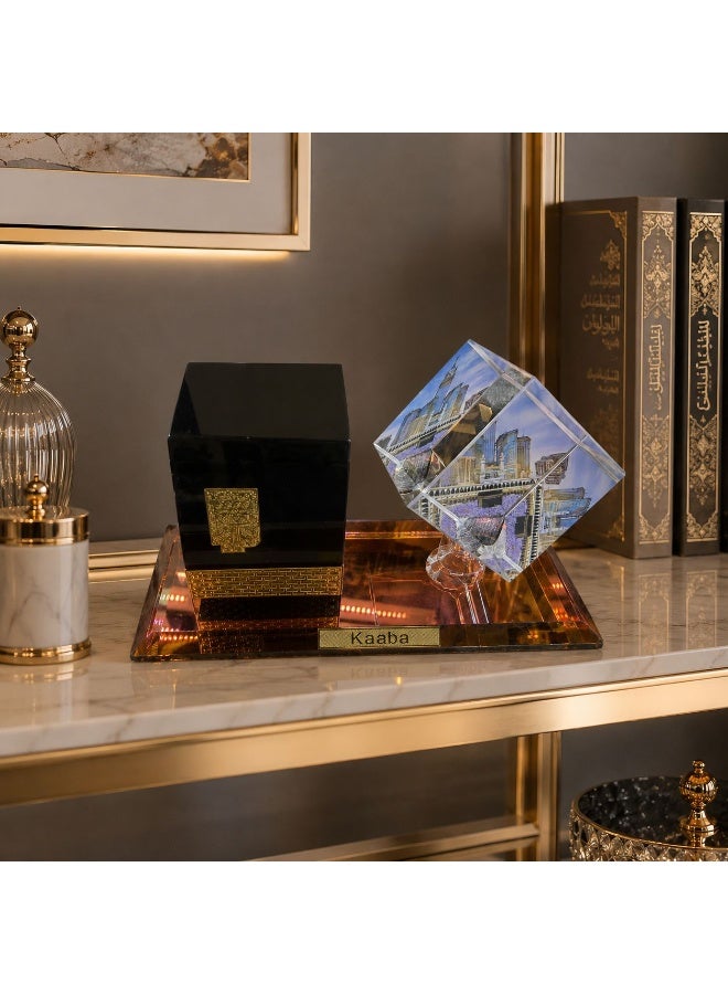 Luxury Kaaba ornament crafted from crystal, featuring a 3D design that showcases the details of the Kaaba within the crystal with remarkable precision. It features carefully polished edges and an elegant artistic finish, making it suitable for home or office décor, as well as a distinctive gift for special occasions. - Image 1