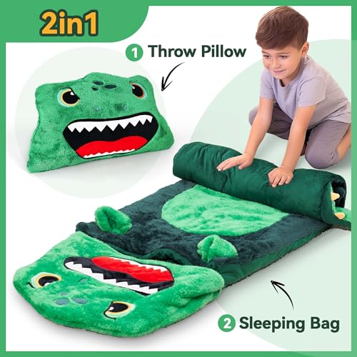 iPlay, iLearn Kids Dinosaur Sleeping Bag, Toddler Boys Dinos Nap Mat, Plush Animal Slumber Bag, 2 In 1 Daycare Preschool Kindergarten Birthday Gift Travel Sleepover for 3 4 5 6 7 8 10 12 Yr Child Teen - Image 4