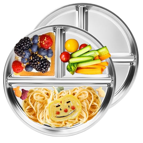 Bakpoco Stainless Steel Kids Plates 2 Packs, 9" Toddlers Divided Plates, Portion Control Plate for Bariatric Adults, Non Toxic Unbreakable Baby Dinner Dishes, 304 Metal Camping Food Tray - Image 1