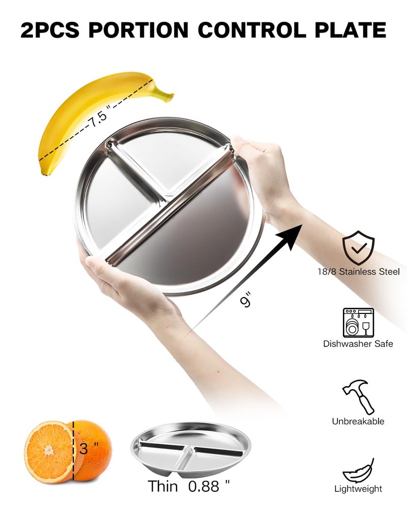 Bakpoco Stainless Steel Kids Plates 2 Packs, 9" Toddlers Divided Plates, Portion Control Plate for Bariatric Adults, Non Toxic Unbreakable Baby Dinner Dishes, 304 Metal Camping Food Tray - Image 2