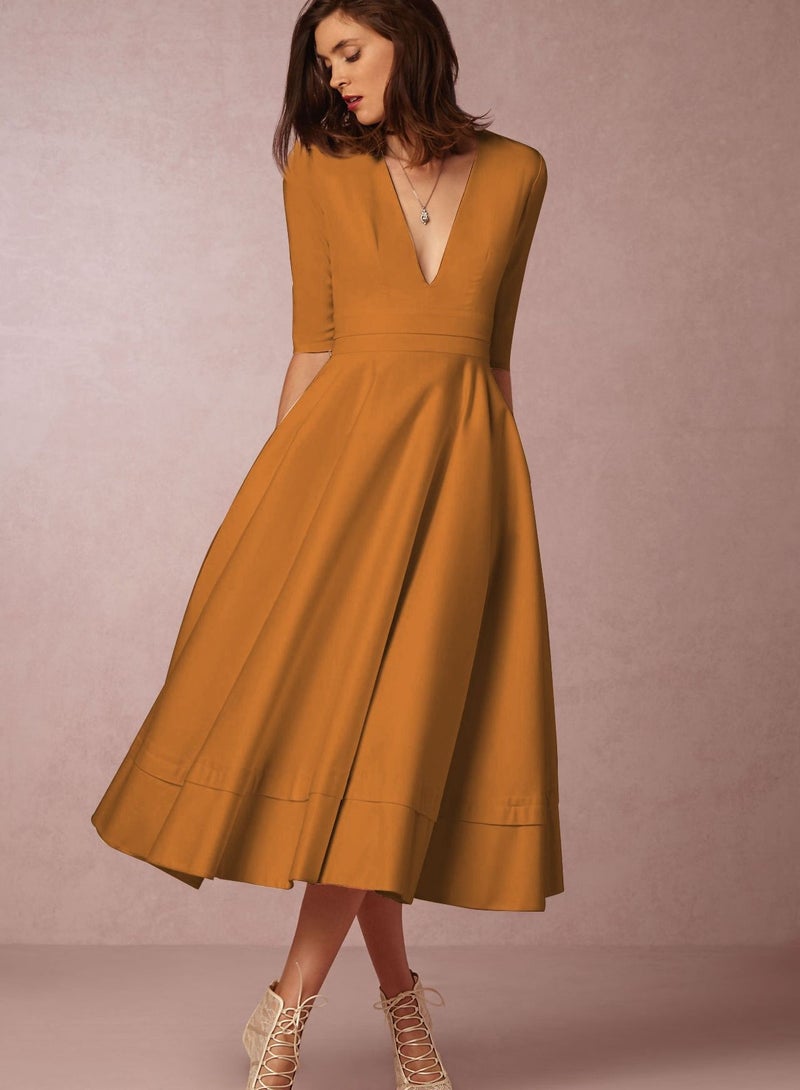 Loquat V-neck Fashion Dress Yellow 