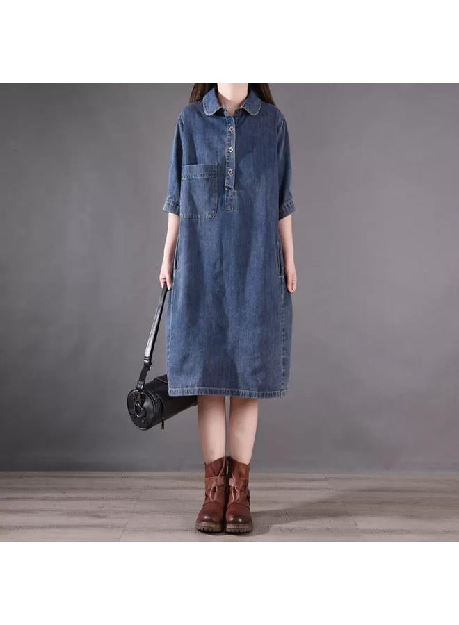 Spring And Summer New Of Loose Plus Size Women's Long Casual White Intellectual Short Sleeve Denim Dress