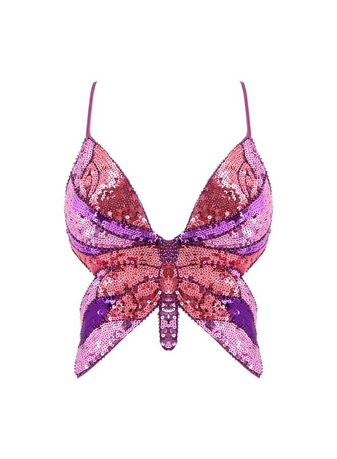 Mocure Womens Glitter Sequin Butterfly Crop Top Low-Cut Tank Top Rave Tube Vest Top for Belly Dance Costume Outfits, Multicoloured Butterfly, One size - Image 1