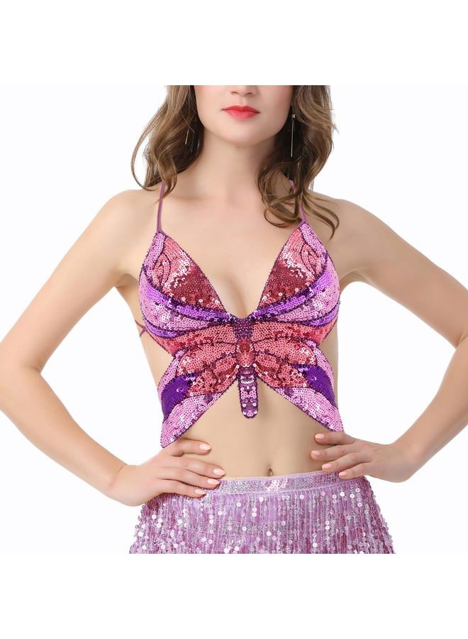 Mocure Womens Glitter Sequin Butterfly Crop Top Low-Cut Tank Top Rave Tube Vest Top for Belly Dance Costume Outfits, Multicoloured Butterfly, One size - Image 2