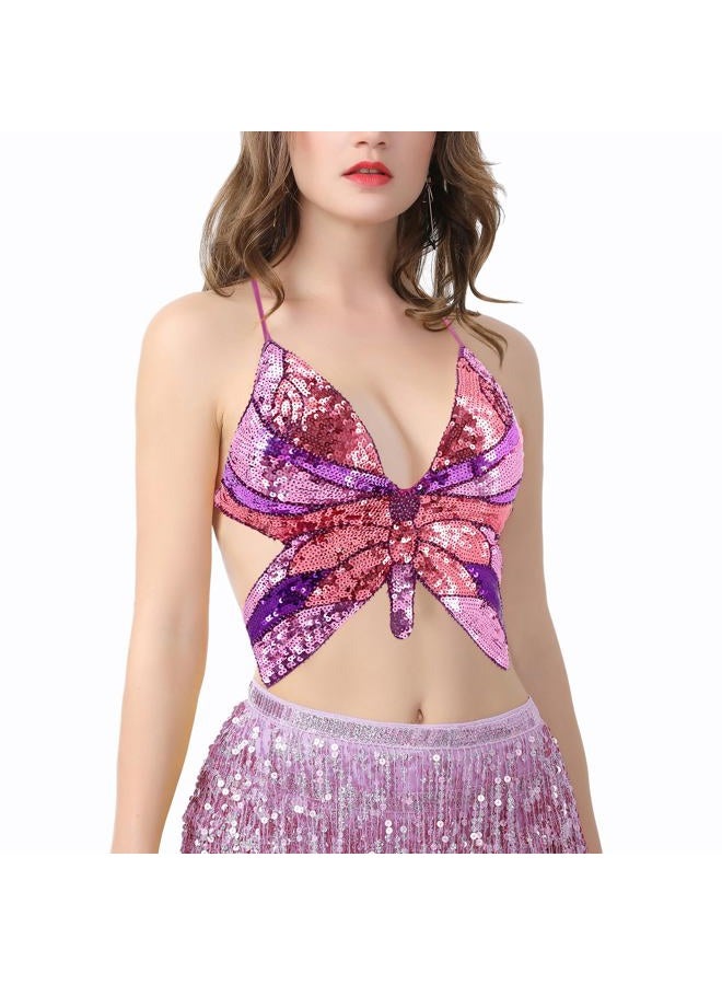 Mocure Womens Glitter Sequin Butterfly Crop Top Low-Cut Tank Top Rave Tube Vest Top for Belly Dance Costume Outfits, Multicoloured Butterfly, One size - Image 3