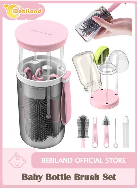 Baby Bottle Brush Set with Extendable Silicone Bottle Brush, Pacifier Brush, Drying Rack, Straw Cleaner Brush, Soap Dispenser, Suitable for Home, Travel, and Family Visits, Pink