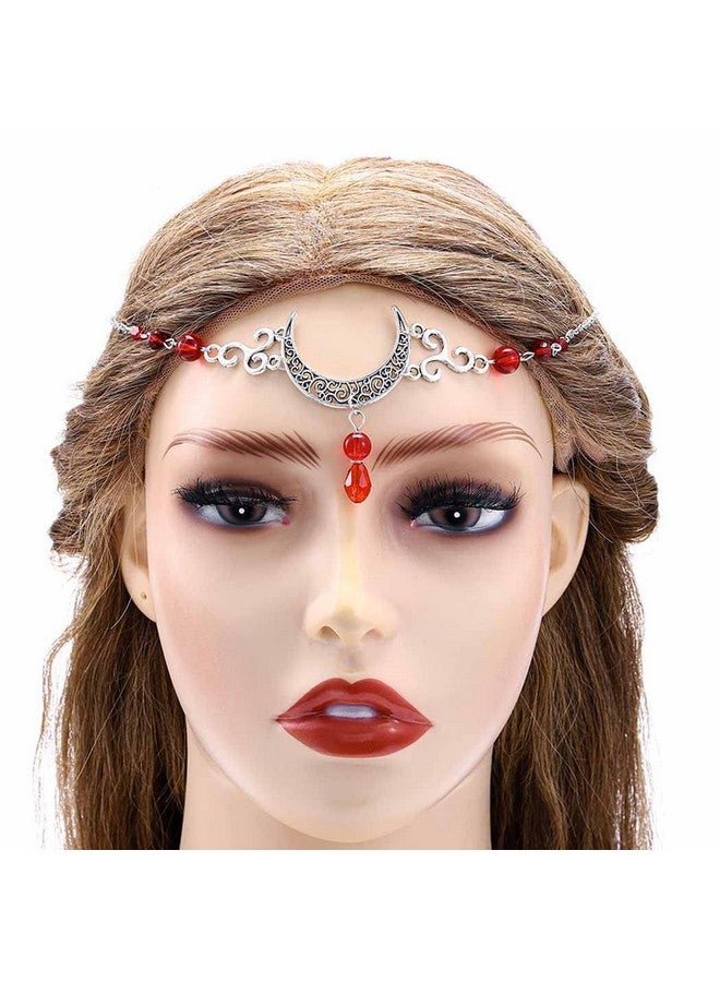 Obmyec Bmyec Boho Moon Head Chain Silver Crystal Crescent Headpieces Pendant Hollow Hair Chains Irish Halloween Party Headbands Festival Costume Hair Accessories For Women And Girls (Red) - Image 1