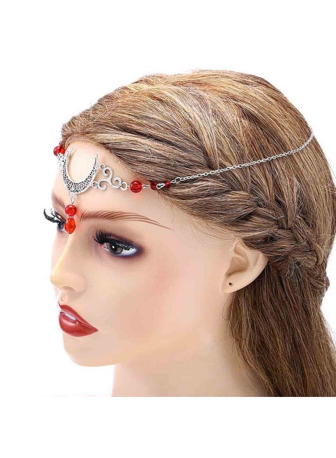 Obmyec Bmyec Boho Moon Head Chain Silver Crystal Crescent Headpieces Pendant Hollow Hair Chains Irish Halloween Party Headbands Festival Costume Hair Accessories For Women And Girls (Red) - Image 3