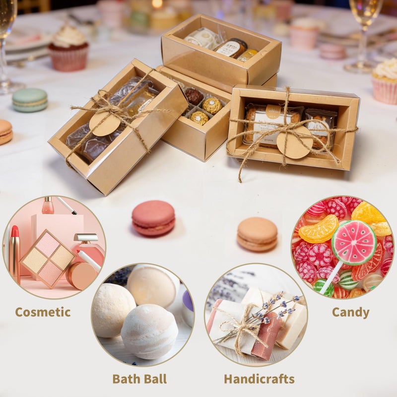 Corsiampoo 30 Pack Kraft Paper Cardboard Boxes with Clear Window, External size 6.5 x 6.5 x 2 inches, Gift Boxes with Blank Tags,Jute String and Raffia, Great for Jewelry, Candy, Cookie&Party Favor Wrapping - Image 5