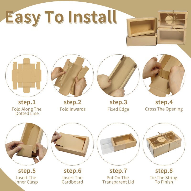 Corsiampoo 30 Pack Kraft Paper Cardboard Boxes with Clear Window, External size 6.5 x 6.5 x 2 inches, Gift Boxes with Blank Tags,Jute String and Raffia, Great for Jewelry, Candy, Cookie&Party Favor Wrapping - Image 4