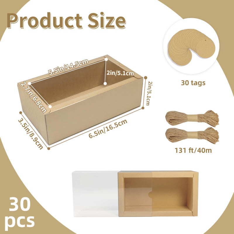 Corsiampoo 30 Pack Kraft Paper Cardboard Boxes with Clear Window, External size 6.5 x 6.5 x 2 inches, Gift Boxes with Blank Tags,Jute String and Raffia, Great for Jewelry, Candy, Cookie&Party Favor Wrapping - Image 2