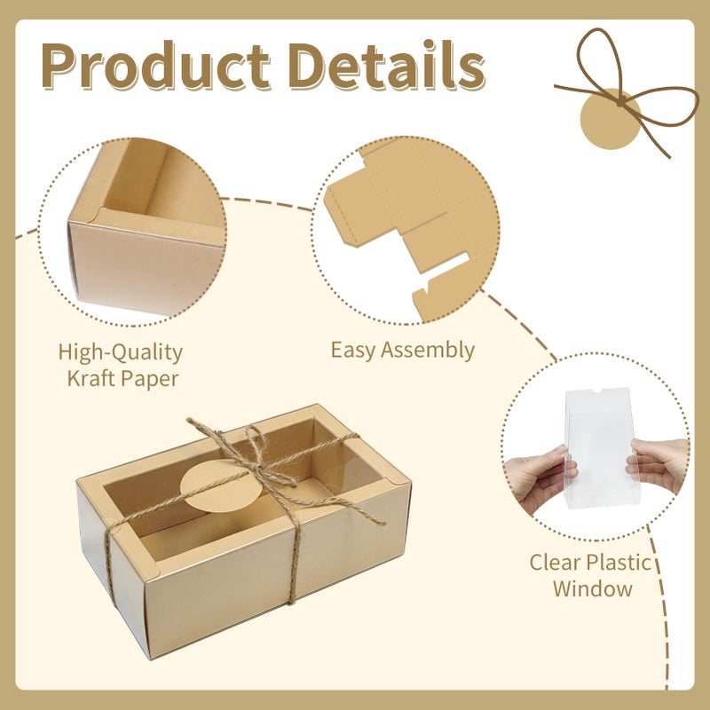 Corsiampoo 30 Pack Kraft Paper Cardboard Boxes with Clear Window, External size 6.5 x 6.5 x 2 inches, Gift Boxes with Blank Tags,Jute String and Raffia, Great for Jewelry, Candy, Cookie&Party Favor Wrapping - Image 3