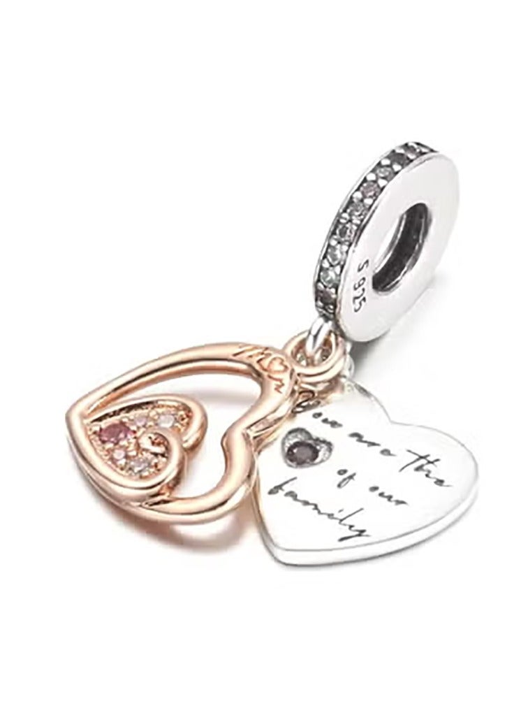 قلادة عائلية على شكل قلب من الفضة 925، مدمجة بالألماس الوردي - تصميم قلب مزدوج