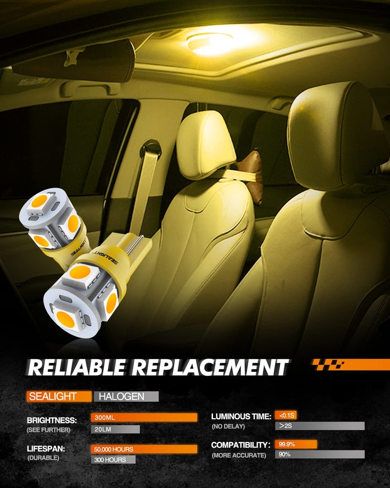 SEALIGHT 194 LED Bulbs, 168 T10 LED Bulb Amber 2700k Yellow 2825 for Turn Signal Side Marker Dome Lights, 12V Cab Running Parking Tail Lights, (Pack of 10) - Image 2