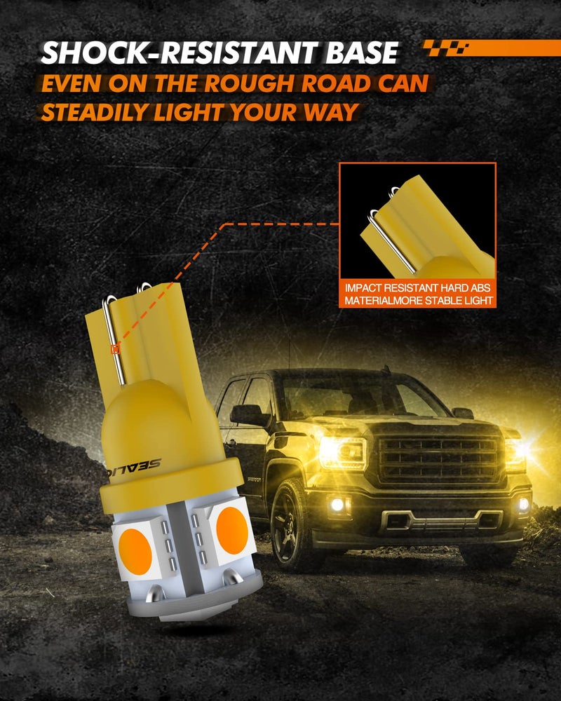 SEALIGHT 194 LED Bulbs, 168 T10 LED Bulb Amber 2700k Yellow 2825 for Turn Signal Side Marker Dome Lights, 12V Cab Running Parking Tail Lights, (Pack of 10) - Image 5