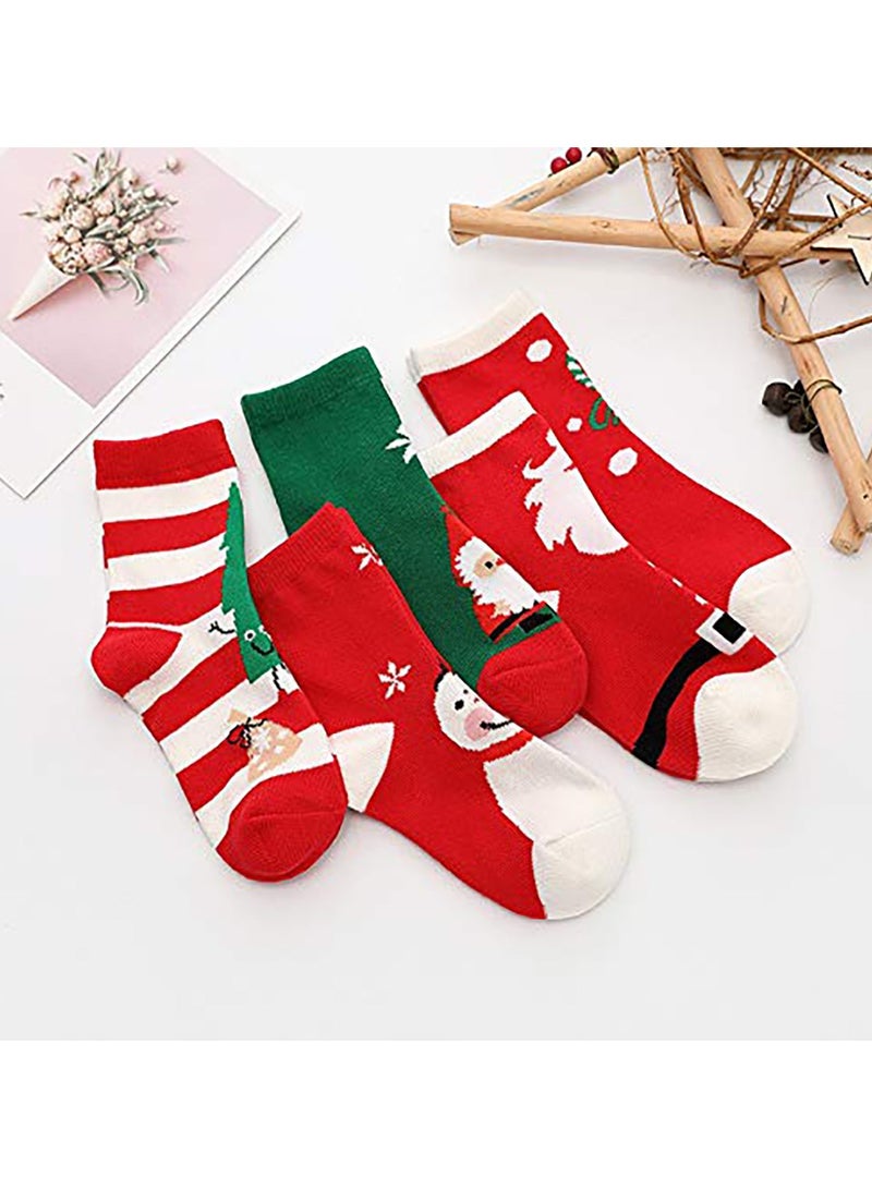 تابيت 5 أزواج من جوارب عيد الميلاد للأطفال مطبوعة عليها أعياد الميلاد جوارب شتوية دافئة لطيفة للأطفال الأولاد والبنات من سن 3 إلى 12 عامًا جوارب قطنية ملونة إبداعية هدية عيد الميلاد - Image 4