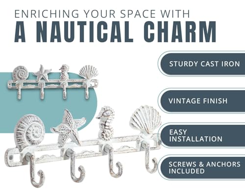 Comfify Vintage Seashell Coat Hook Hanger Rustic Cast Iron Wall Hanger w/4 Decorative Hooks - Includes Screws and Anchors - Beach House Decor - Antique White - Image 2