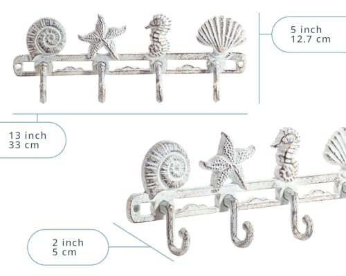 Comfify Vintage Seashell Coat Hook Hanger Rustic Cast Iron Wall Hanger w/4 Decorative Hooks - Includes Screws and Anchors - Beach House Decor - Antique White - Image 3