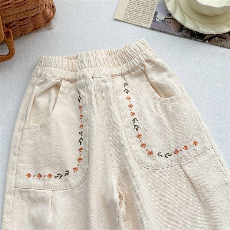 Girls' Cotton Embroidered Casual Pants, Spring/Autumn, Korean Style - Image 2
