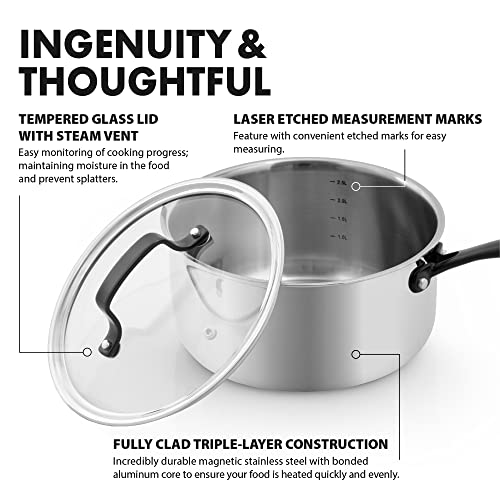 GrandTies Full-Clad Tri-Ply Stainless Steel Sauce pan Induction Cookware – 3 QT Stainless Steel Pot, Marquina Black Metal Handles Kitchen Cooking Pot with Lid, Dishwasher Safe Pots and Pans - Image 2