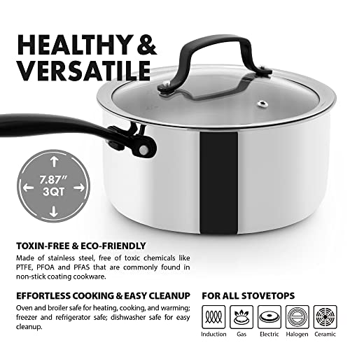 GrandTies Full-Clad Tri-Ply Stainless Steel Sauce pan Induction Cookware – 3 QT Stainless Steel Pot, Marquina Black Metal Handles Kitchen Cooking Pot with Lid, Dishwasher Safe Pots and Pans - Image 3