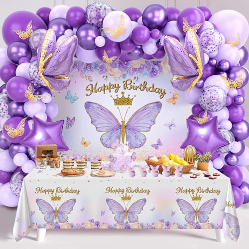 FengRise Purple Balloon Arch Kit with Foil Butterfly Balloons Happy Birthday Backdrop Tablecloth Decorations for Girls Party - Image 1