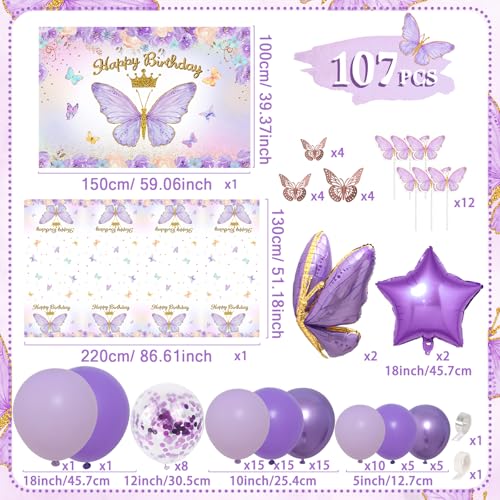 FengRise Purple Balloon Arch Kit with Foil Butterfly Balloons Happy Birthday Backdrop Tablecloth Decorations for Girls Party - Image 5