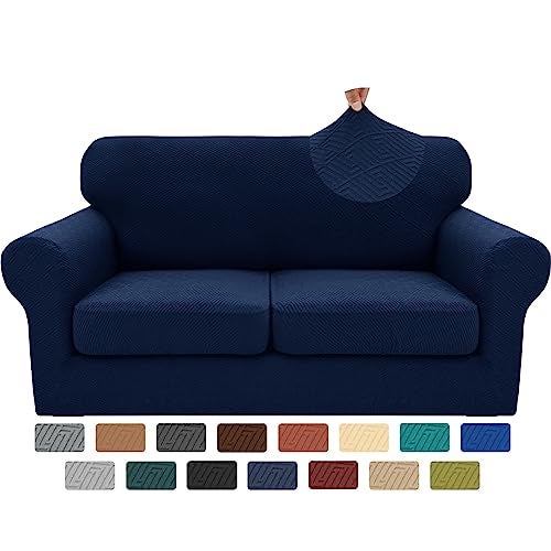 XINEAGE 2025 New 3 Pieces Couch Covers for 2 Cushion Sofa Super Stretch Loveseat Slipcover Pet Dog Universal Slip Cover Anti Slip Love Seat Furniture Protector Navy Blue 5569