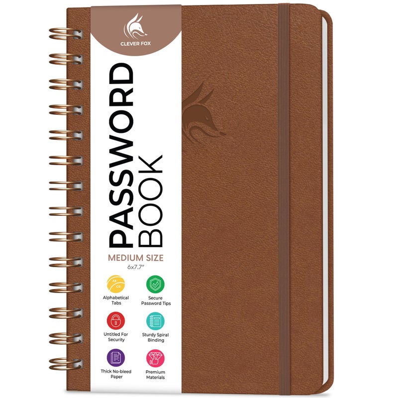 Clever Fox Password Book Spiral â€“ Internet Address & Password Organizer with Laminated Alphabetical Tabs â€“ Password Keeper Journal â€“ Hardcover, Medium Size, 6.1x7.7â€ (Brown) - Image 1