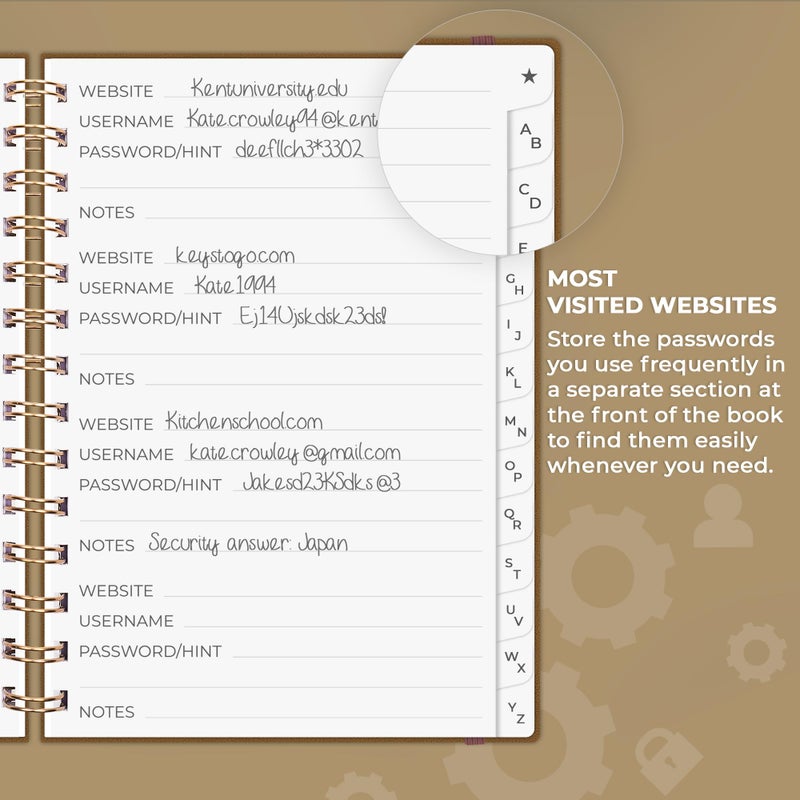 Clever Fox Password Book Spiral â€“ Internet Address & Password Organizer with Laminated Alphabetical Tabs â€“ Password Keeper Journal â€“ Hardcover, Medium Size, 6.1x7.7â€ (Brown) - Image 4
