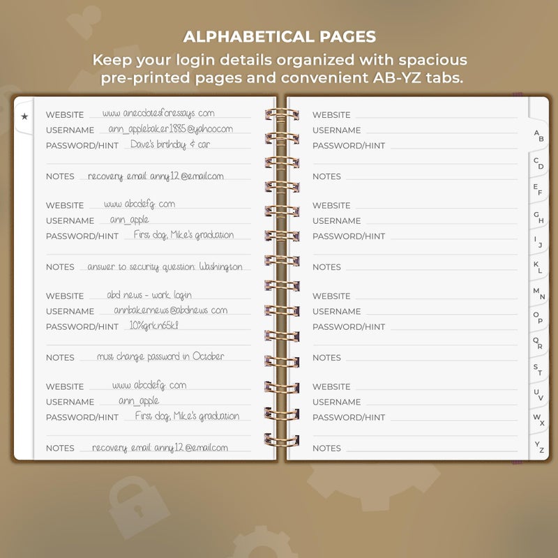 Clever Fox Password Book Spiral â€“ Internet Address & Password Organizer with Laminated Alphabetical Tabs â€“ Password Keeper Journal â€“ Hardcover, Medium Size, 6.1x7.7â€ (Brown) - Image 3