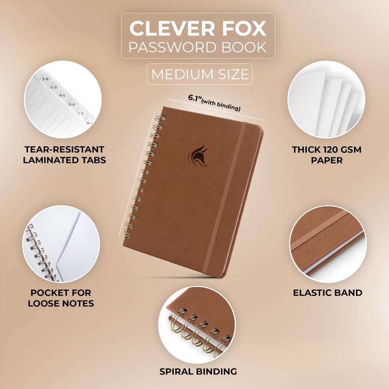Clever Fox Password Book Spiral â€“ Internet Address & Password Organizer with Laminated Alphabetical Tabs â€“ Password Keeper Journal â€“ Hardcover, Medium Size, 6.1x7.7â€ (Brown) - Image 2