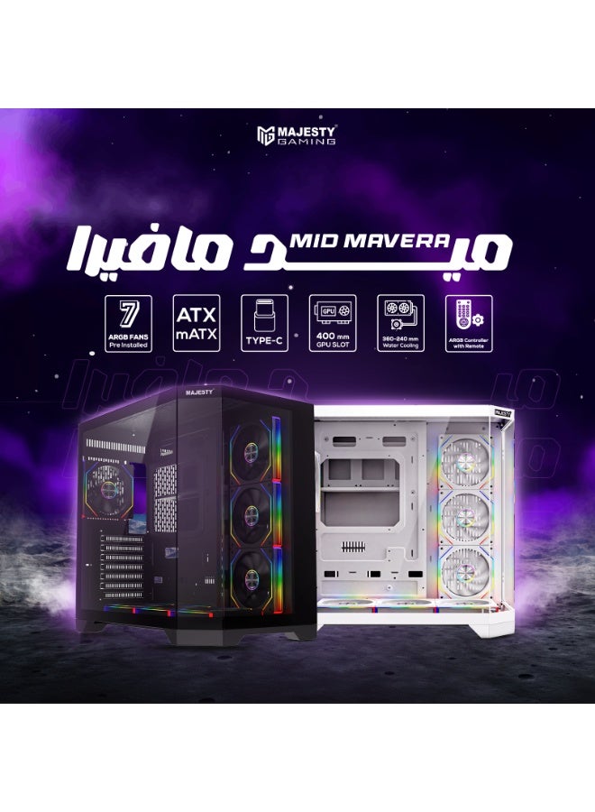ماجيستي صندوق كمبيوتر للالعاب ماجيستي ميد تاور ميدمافيرا مزود بـ 7 مراوح ARGB اينفنتي 120 ملم مثبتة مسبقاً لتدفق هواء فعال مع ريموت , زجاج مقسى , متوافق مع لوحة الام الواسعة ATX , منفذ 1x TYPE-C و 2x USB 3.0 - Image 2