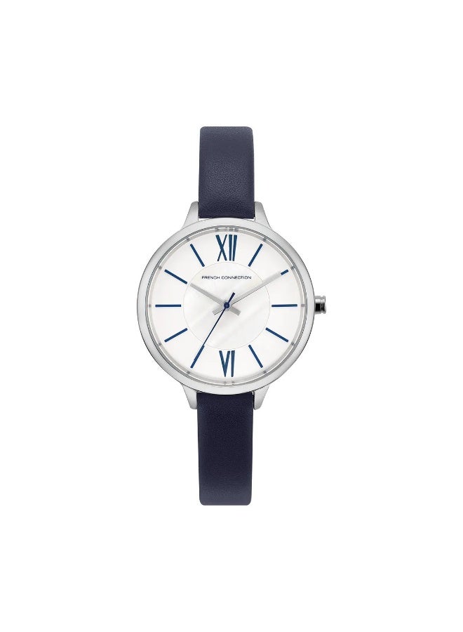 French Connection Women's White Dial Blue Leather Strap Analog Watch 30mm - Image 1