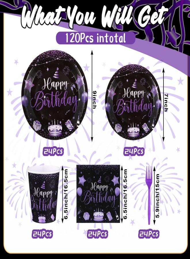 Vesici 120 Pcs Happy Birthday Plates and Napkins, 24 Guest Birthday Party Supplies Include Paper Plates Napkins Cups Plastic Forks for Men Women 30th 50th Party Decorations(Black and Purple) - Image 3