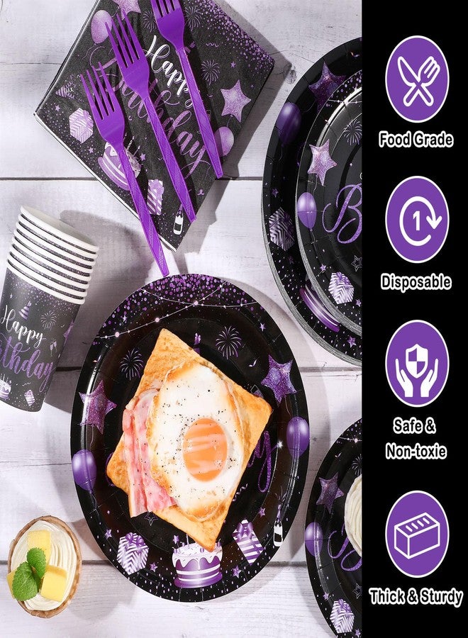 Vesici 120 Pcs Happy Birthday Plates and Napkins, 24 Guest Birthday Party Supplies Include Paper Plates Napkins Cups Plastic Forks for Men Women 30th 50th Party Decorations(Black and Purple) - Image 4