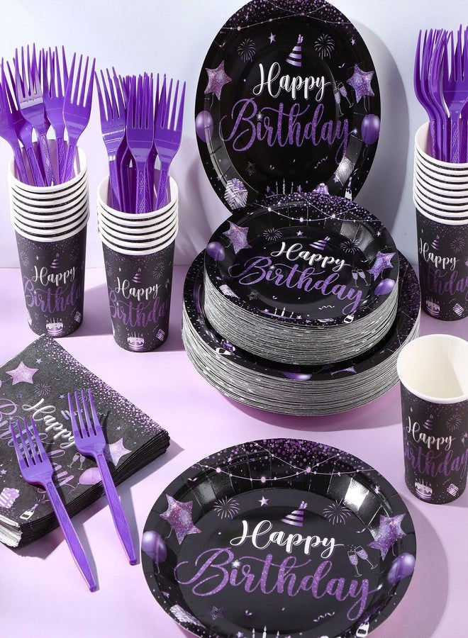 Vesici 120 Pcs Happy Birthday Plates and Napkins, 24 Guest Birthday Party Supplies Include Paper Plates Napkins Cups Plastic Forks for Men Women 30th 50th Party Decorations(Black and Purple) - Image 2