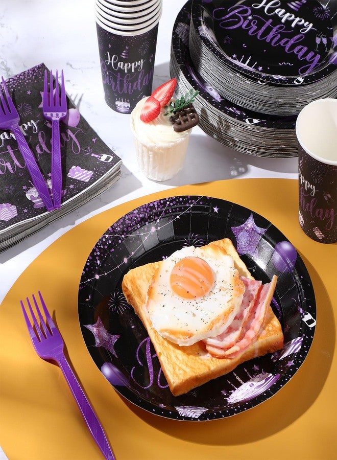 Vesici 120 Pcs Happy Birthday Plates and Napkins, 24 Guest Birthday Party Supplies Include Paper Plates Napkins Cups Plastic Forks for Men Women 30th 50th Party Decorations(Black and Purple) - Image 5