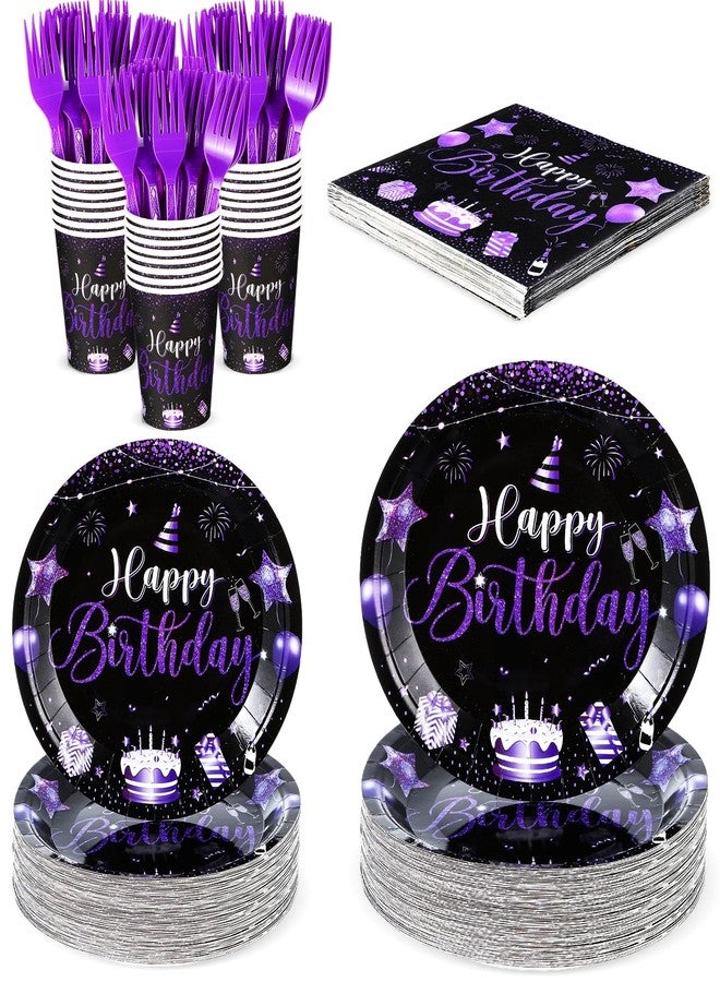 Vesici 120 Pcs Happy Birthday Plates and Napkins, 24 Guest Birthday Party Supplies Include Paper Plates Napkins Cups Plastic Forks for Men Women 30th 50th Party Decorations(Black and Purple) - Image 1