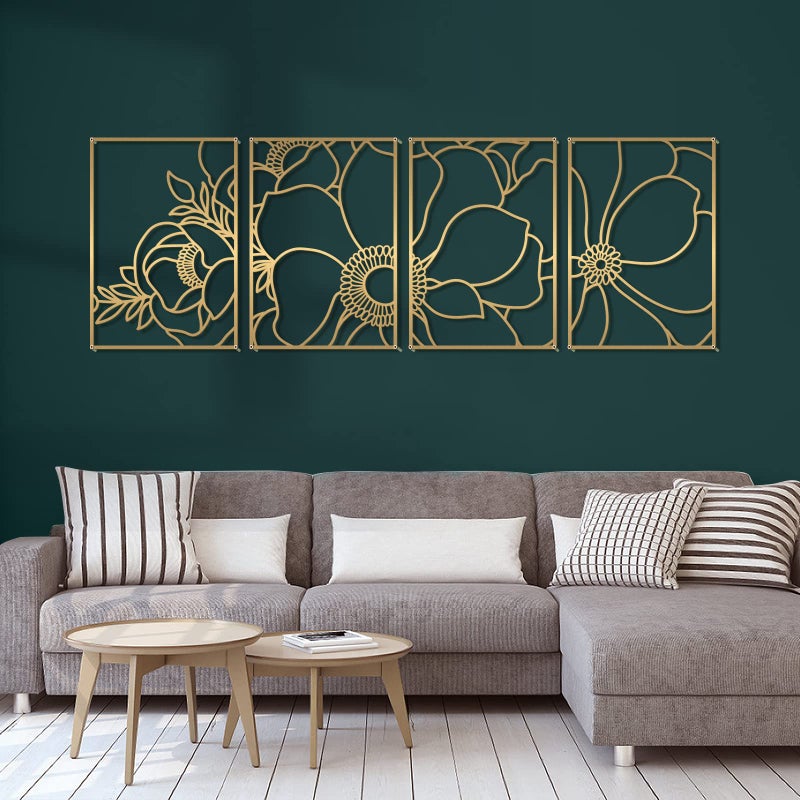 Glamativity 4 Pack Gold Wall Art, Flower Minimalist Single Line Art, Real Metal Nature Floral Abstract Wall Decor for Kitchen Bedroom Living Room - Image 1