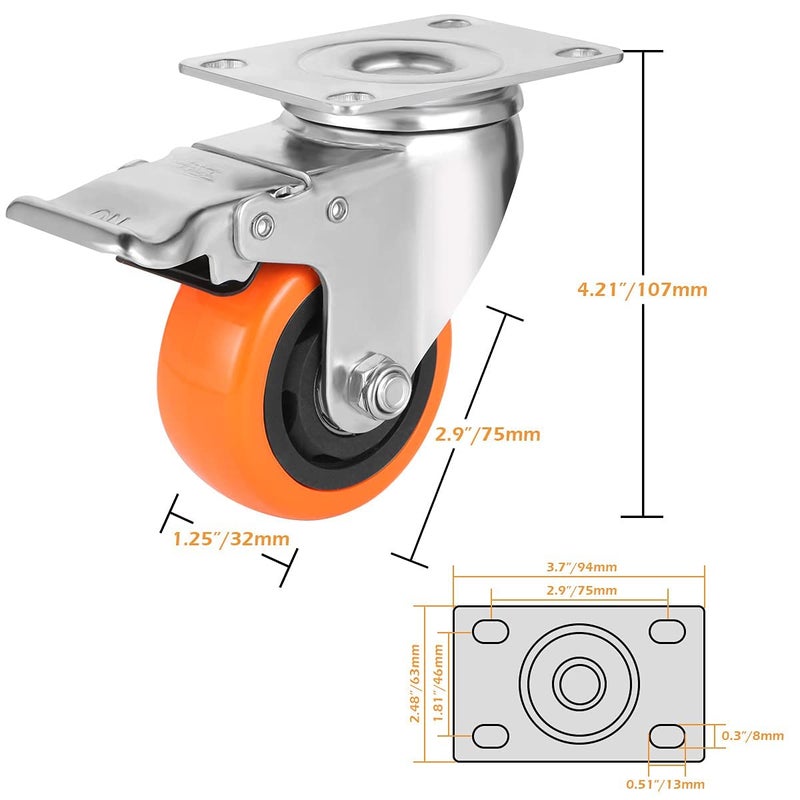 Krupalu Carbon Steel 4 Pack Caster Wheel Of 3Inch With Break 4PcBlack - Image 5