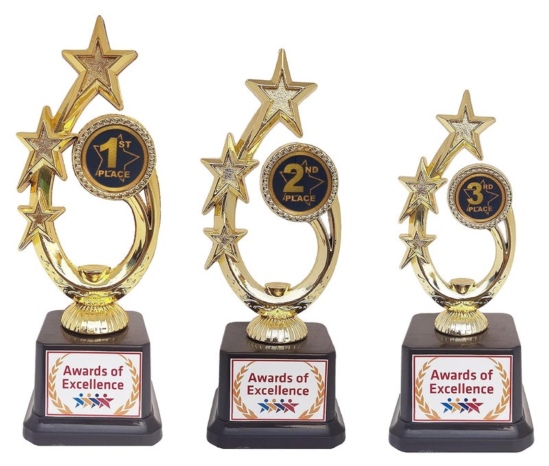 Victory Three Star Combo 1st,2nd,3rd Trophies for Winners appreciations Events Awards for Teachers Students Offices(Golden - 10",9",8") - Image 1