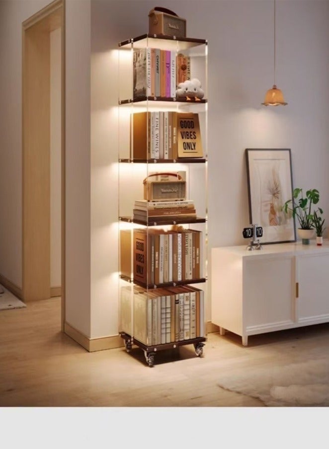 سي آند سي هوم 6 طبقات متعددة الوظائف 360 درجة قابلة للتدوير الطابق الدائمة خزانة الكتب المنقولة شفافة الاكريليك رف تخزين الخشب الصلب مع عجلات عرض موقف لغرفة المعيشة غرفة الدراسة غرفة الدراسة مكتب منزلي 40x40x165 سم - Image 1