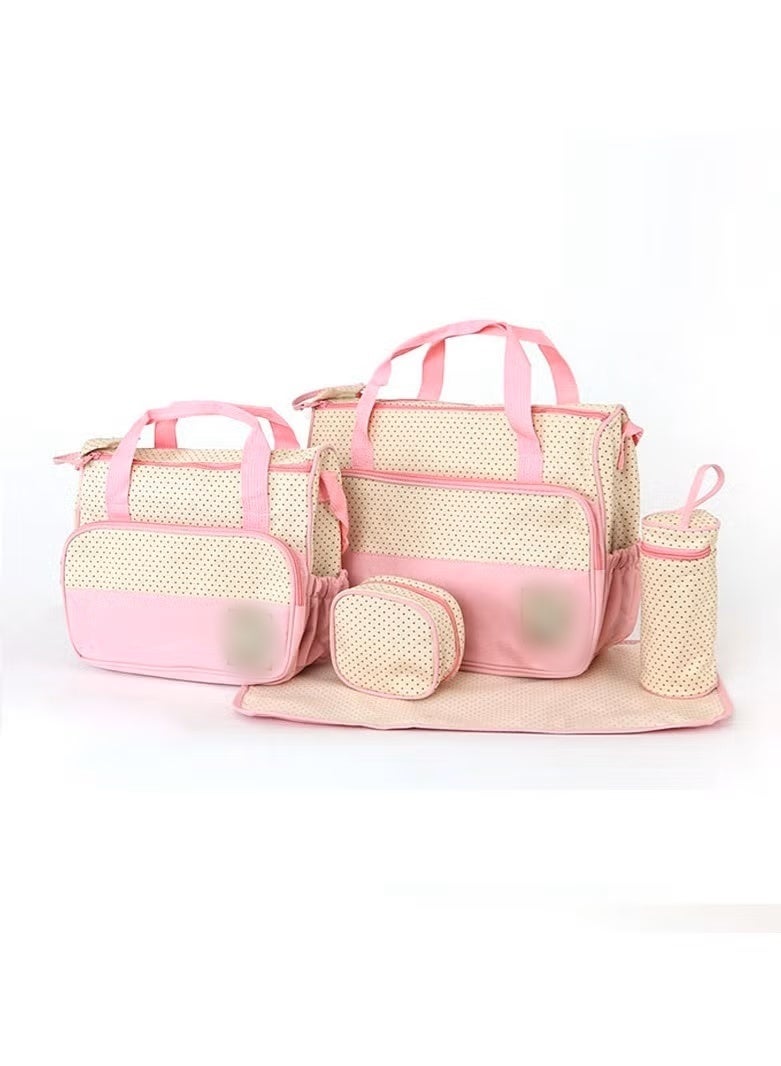 مجموعة حقائب حفاضات مكونة من 5 قطع، حقيبة حفاضات للأم، حقيبة حفاضات للسفر باللون الوردي، سعة كبيرة للأولاد والبنات، مع حقيبة زجاجة ووسادة تغيير الحفاضات - Image 2