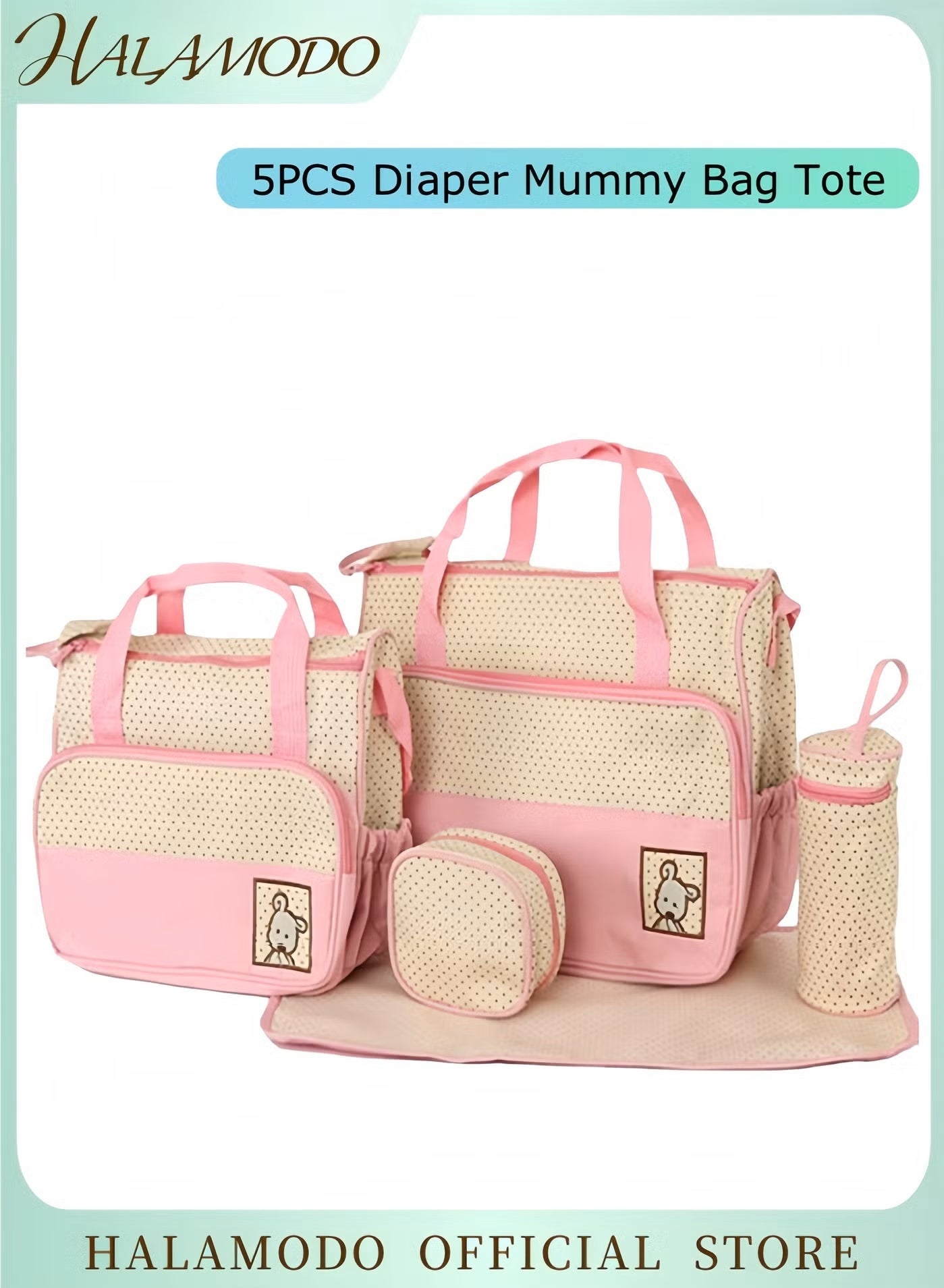 5-Piece Diaper Bag，Diaper Mummy Bag Tote，Pink Travel Diaper Bag Tote，Large Capacity, for Boys and Girls, with Bottle Case and Changing Pad