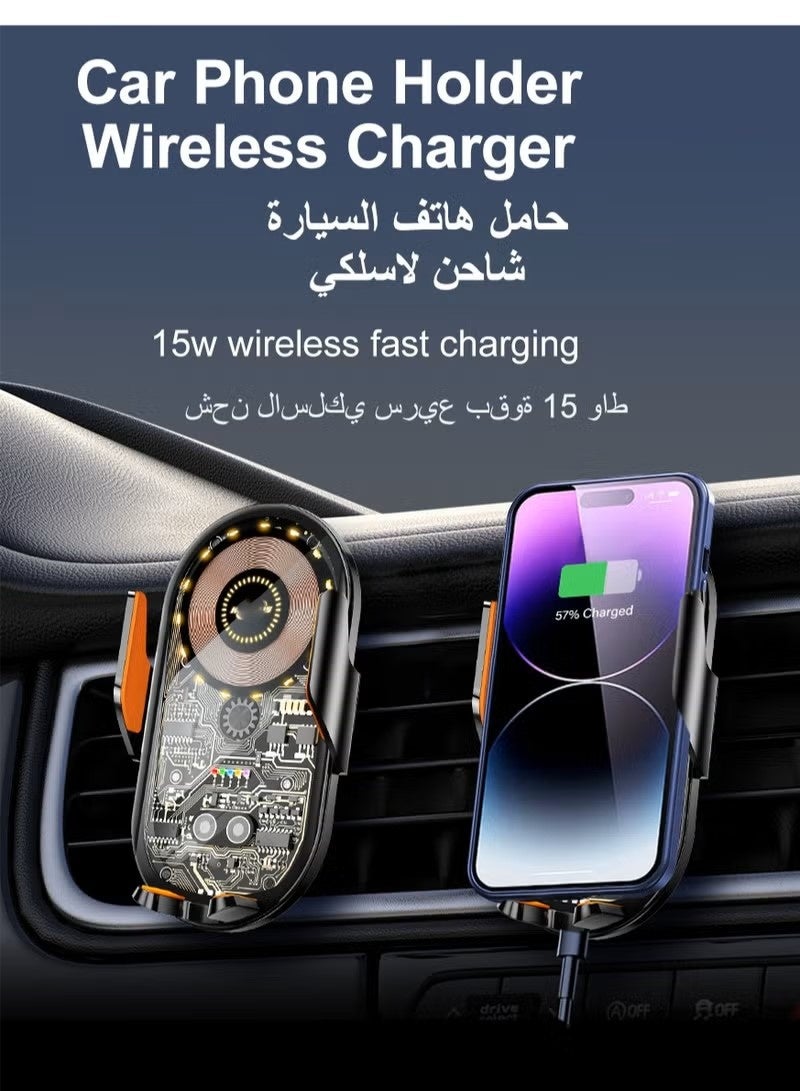 حامل هاتف السيارة مع شاحن لاسلكي بقوة 15 واط مع مشبك تلقائي لحامل الهاتف في فتحة التهوية متوافق مع جميع الهواتف من 4.7 إلى 7.2 بوصة - Image 2