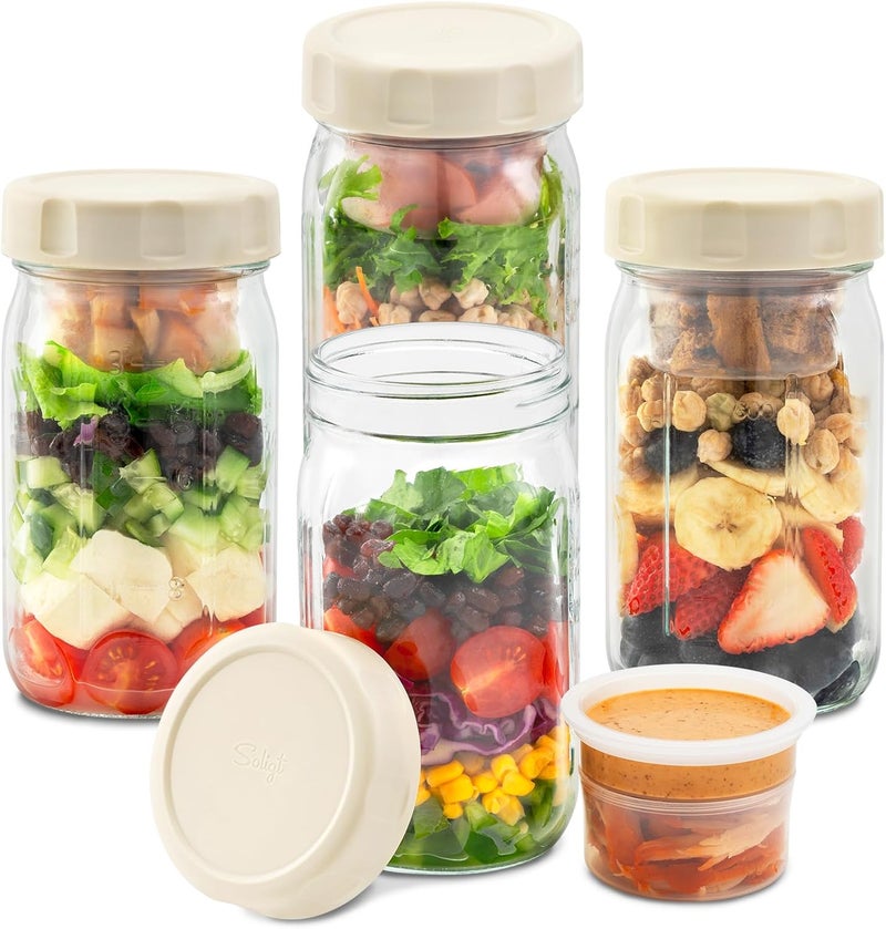 SOLIGT 4 Pack Glass Salad Jars with Lids Meal Prep, Leakproof Container for Lunch, Two Small Built-in Boxes with Wet/Dry Separation for Salad Dressing and Dry Ingredients, 32oz Mason Jars - Image 1